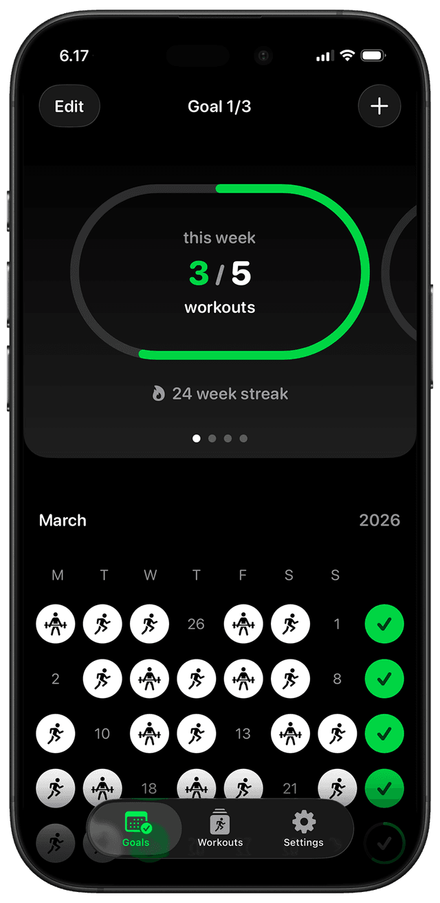 SweatCount app showing workout calendar and streak