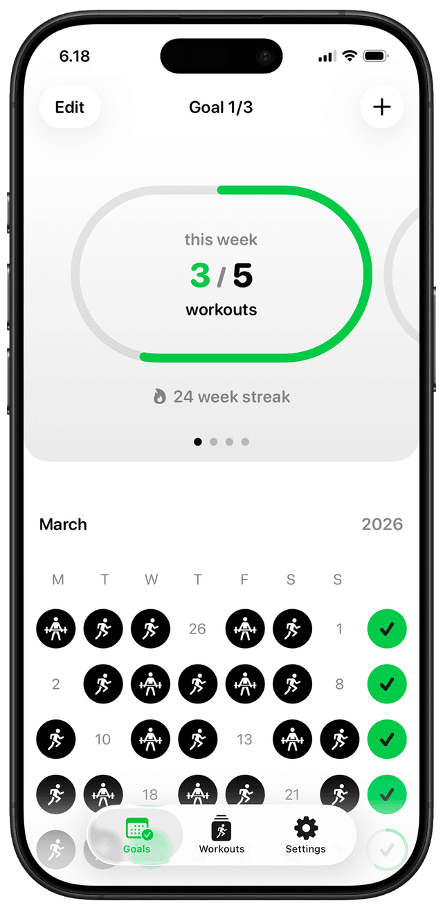 SweatCount app showing workout calendar and streak